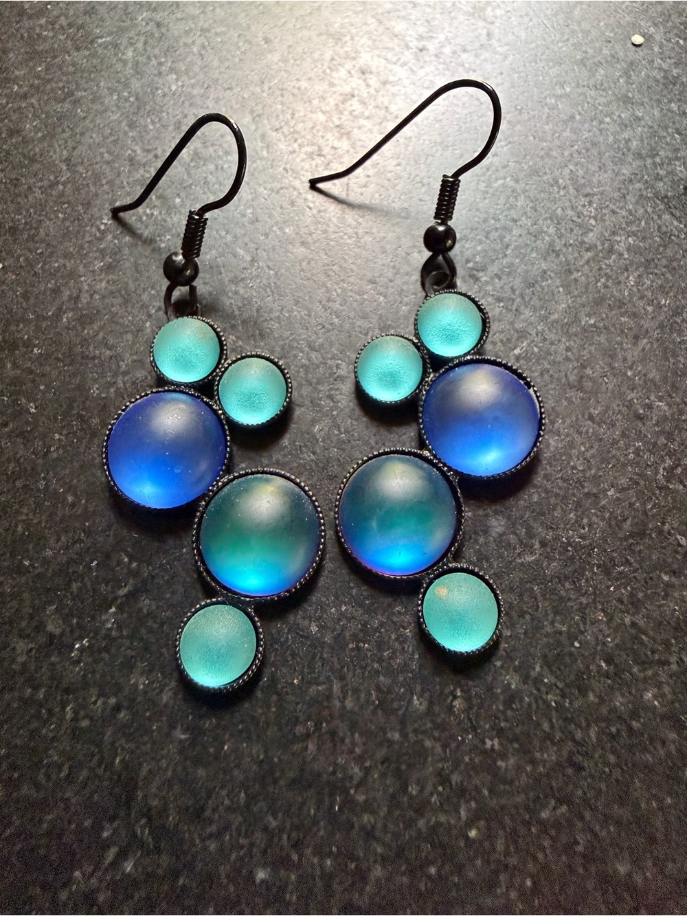 Blue and Teal Glass Luminous Dangling Earrings